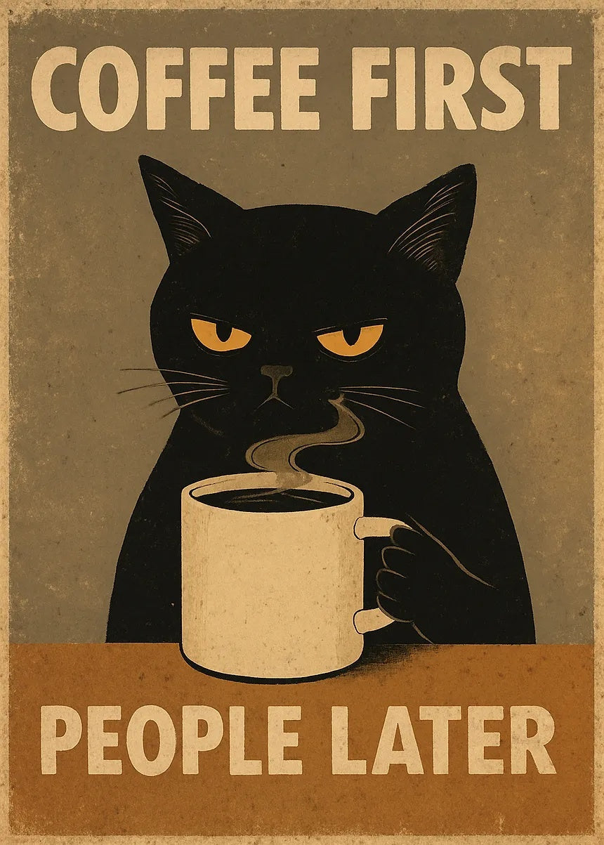 Grumpy Coffee Loving Cat metal wall art